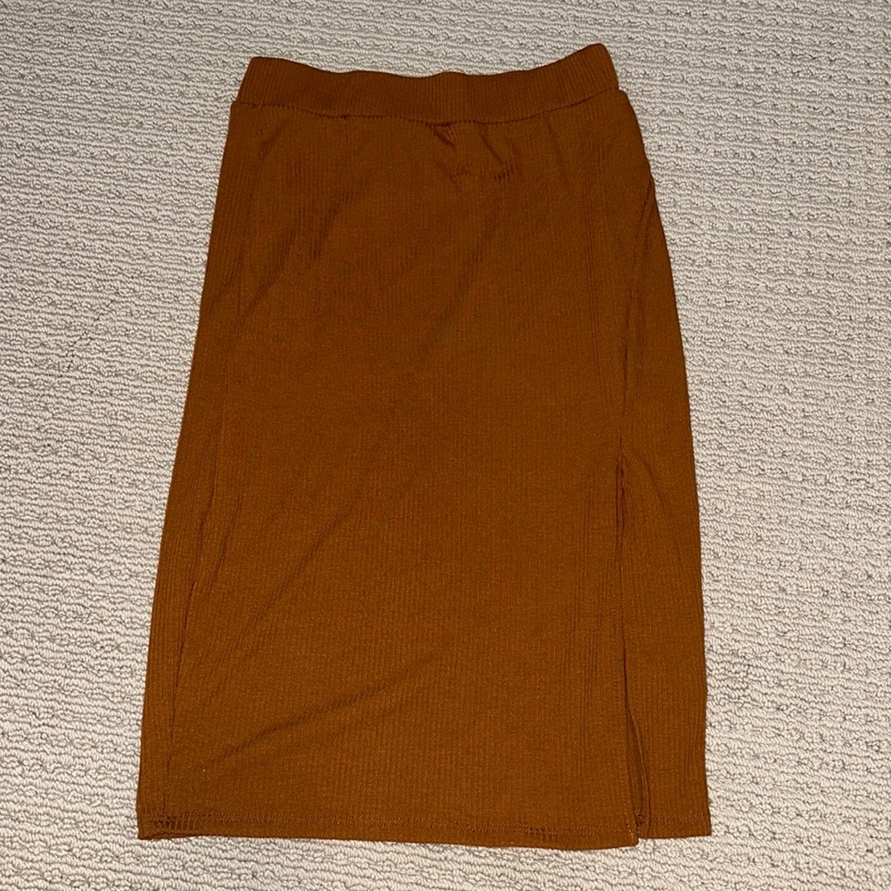 I Joah Side Slit Ribbed High Waist Midi Length Bodycon Skirt Camel/Tan/Brown (S)